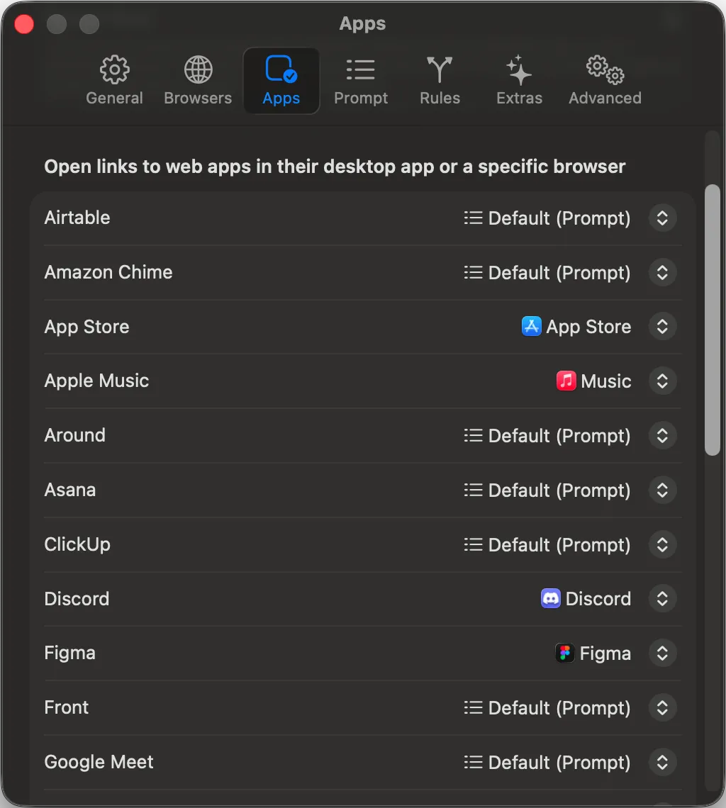 Velja 的 Apps 面板，可以把 Figma、App Store、Discord 等 Web 服務直接路由到對應的桌面 App