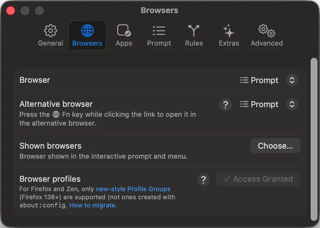 Velja 的 Browsers 設定面板，預設瀏覽器設為 Prompt