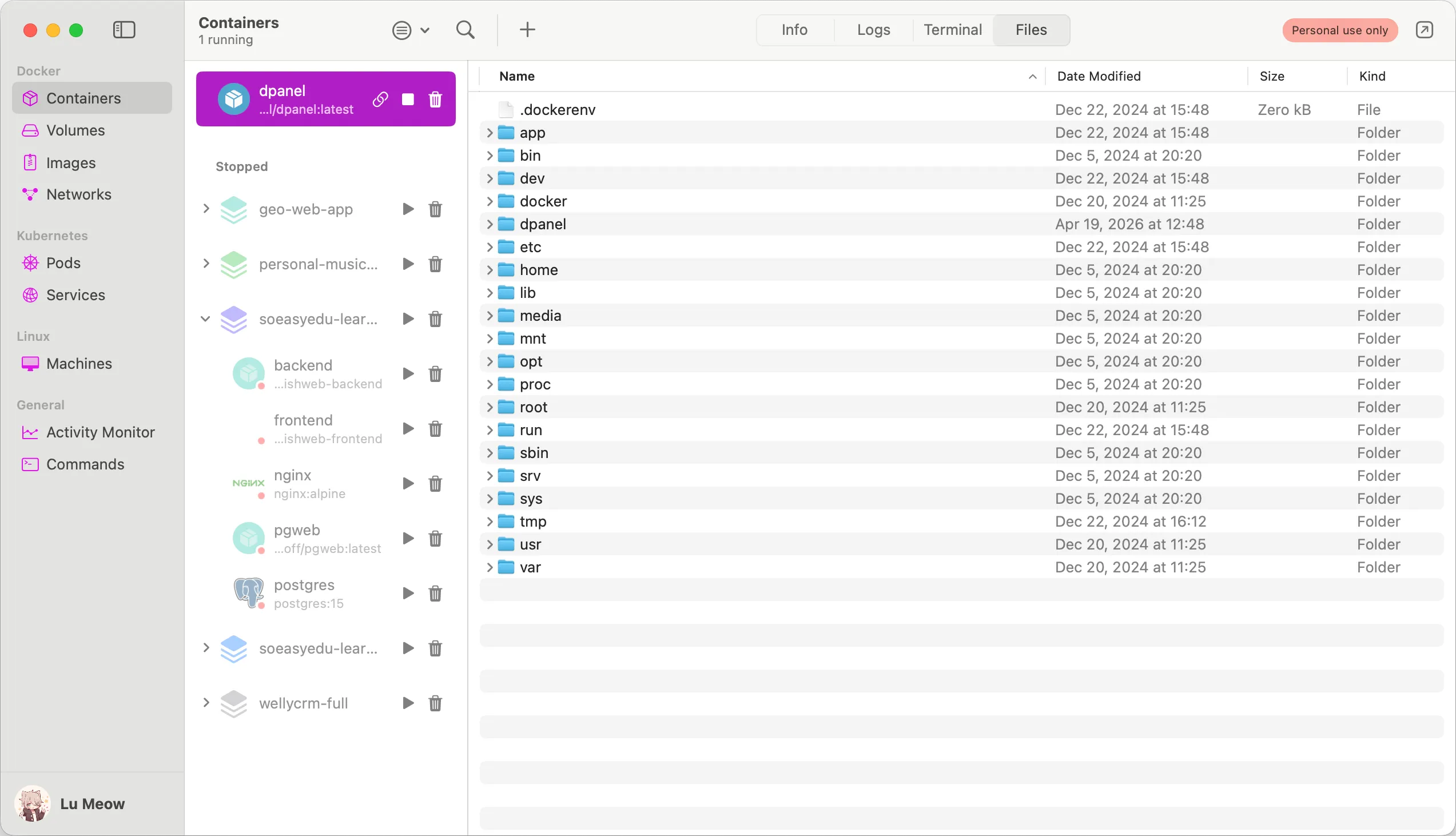 OrbStack 的 Files 分頁可以像 Finder 一樣瀏覽 container 檔案系統