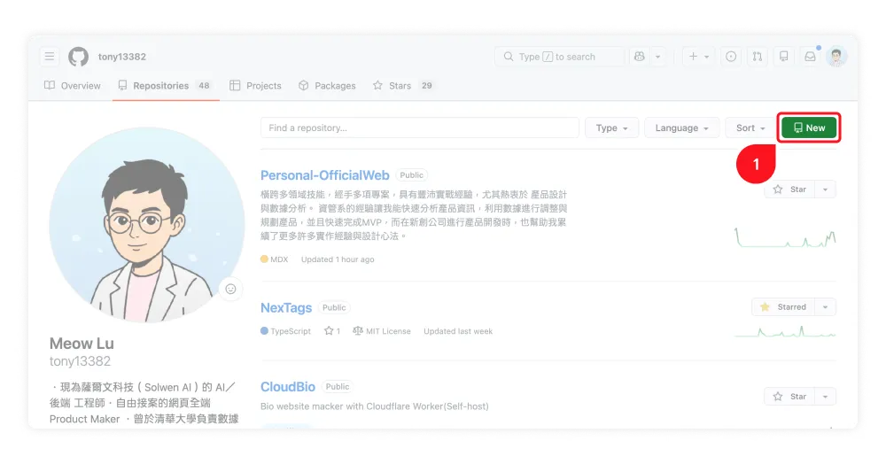 GitHub 個人頁面右上角的 New 按鈕