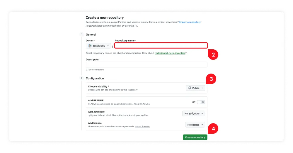 GitHub Create repository 表單