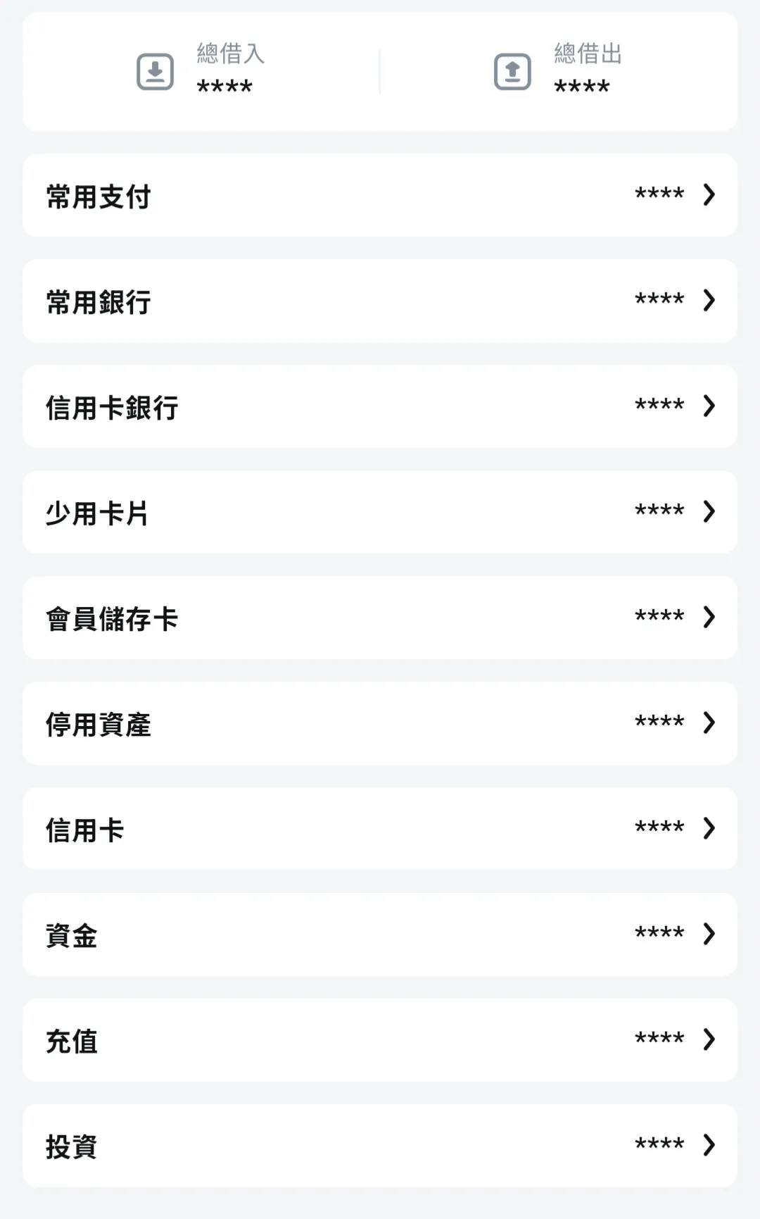 錢跡的資產分頁，展示分組架構