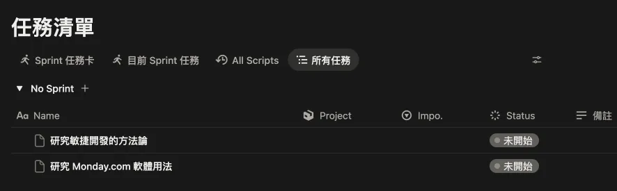 Notion LifeOS 所有任務視圖，新增的兩筆進到 No Sprint 分組