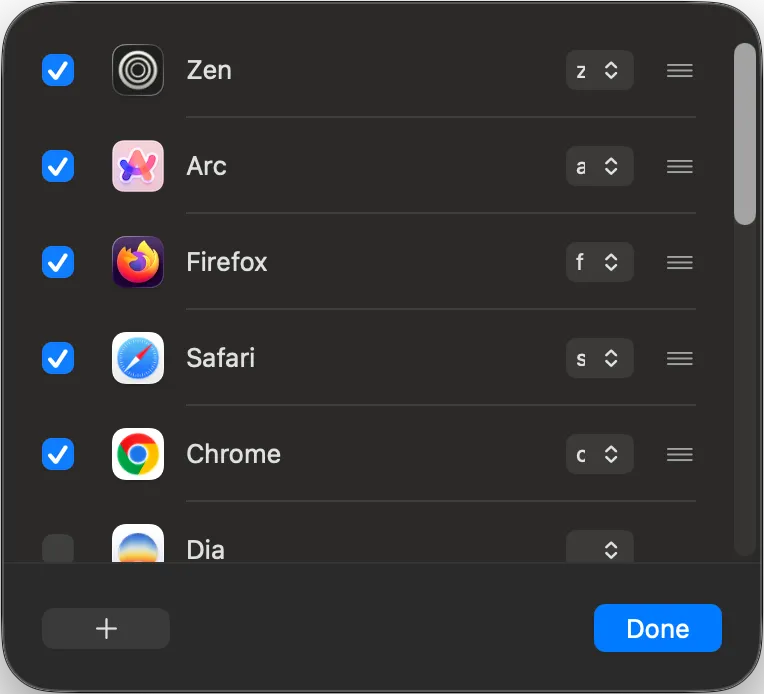 Velja 的 Shown browsers 面板，可以勾選要顯示的瀏覽器並設定單鍵熱鍵